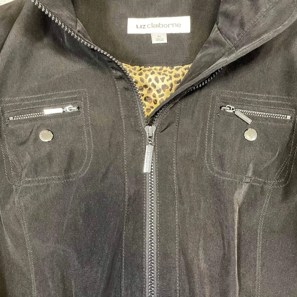 Liz Claiborne Womens Black Anorak Jacket Leopard Lining XL Drawstring Waist - Picture 5 of 12